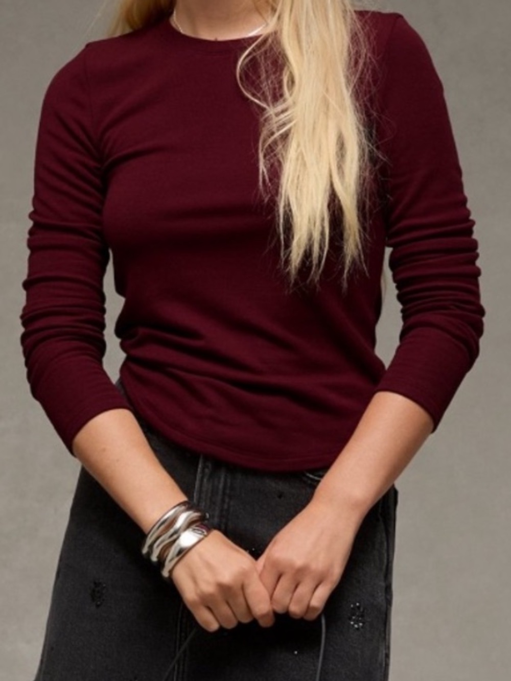 American Eagle Soft and Sext Pocket Long-Sleeve Crewneck Top Preppy Red, NWT, XL